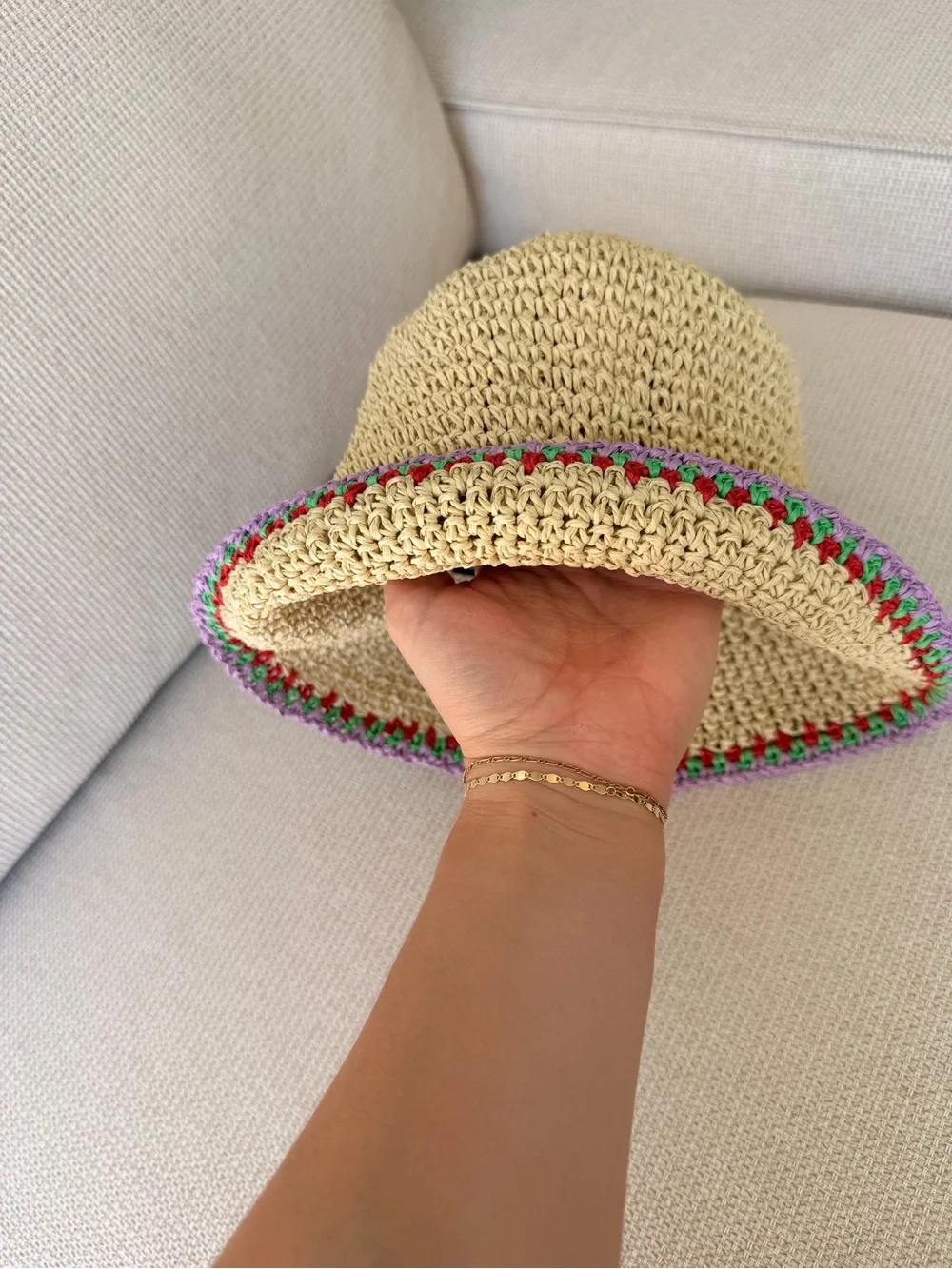 J. Crew Natural Straw Sun Hat with Purple, Red and Green Crochet Trim